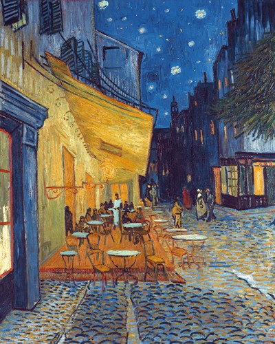 Vincent van Gogh, Café-Terrasse am Abend (Klassische Moderne, Impressionismus, Malerei, Nachtszene, Nachtlicht, Platz, Straße, Straßencafe, Café, Bar, Sterne, Sternenhimmel, Wohnzimmer, Arztpraxis, Schlafzimmer, bunt)
