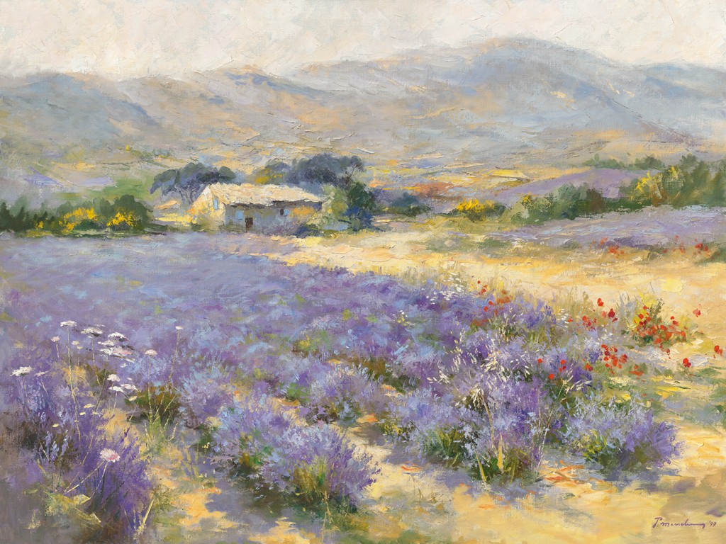 Paul Messely, Champ de lavande (Landschaft, Lavendel, Felder, Haus, Lanhaus, Blumen, Blüten Frühling, Wohnzimmer, Malerei,   bunt)