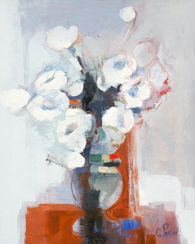 Chantal Parise, Anémones I (Stillleben, Blumenvase, Floral, Annemonen, Blumen, Blüten, Schlafzimmer, Arztpraxis, Wohnzimmer, Wintergarten, Treppenhaus, bunt)