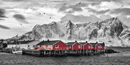 Rolf Fischer, Lofoten Nähe Reine mit roten Hütten (Norwegen, Inselgruppe, Meer, Häuser, Hütten, Eis, Coulorspot, Wunschgröße, Landschaftsfotografie, Wohnzimmer, Treppenhaus, bunt)