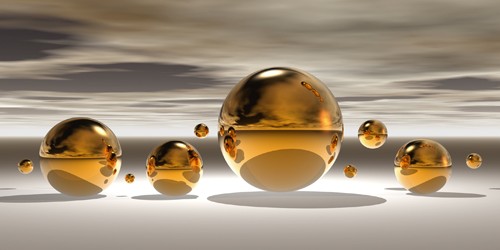 Peter Hillert, Golden Bowl II (Fotokunst, surreal, Kugeln, Landschaft, Wasser, Reflexionen, Büro, Business, Arztpraxis, Wohnzimmer, Modern, gold / grau)