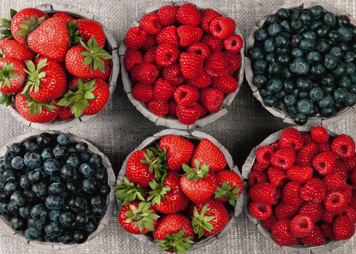 Assaf Frank, Berries I (Wunschgröße, Fotografie, Früchte, Beeren, Himbeeren, Heidelbeeren, Erdbeeren, Frische, Gesundheit, Geschmack, Nahaufnahme, Küche, Eszimmer, Gastronomie, Bistro, bunt)