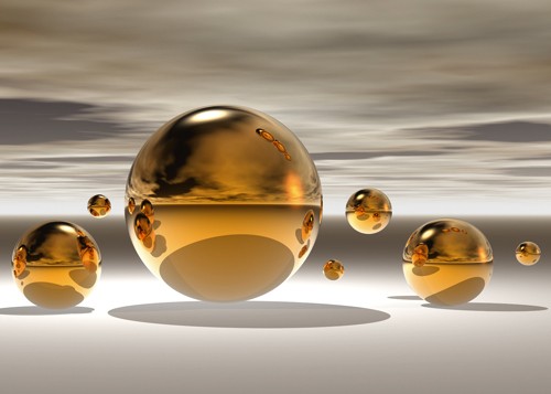 Peter Hillert, Golden Bowl II (Fotokunst, surreal, Kugeln, Landschaft, Himmel, Büro, Business, Arztpraxis, Wohnzimmer, Wunschgröße, Modern, gold / grau)