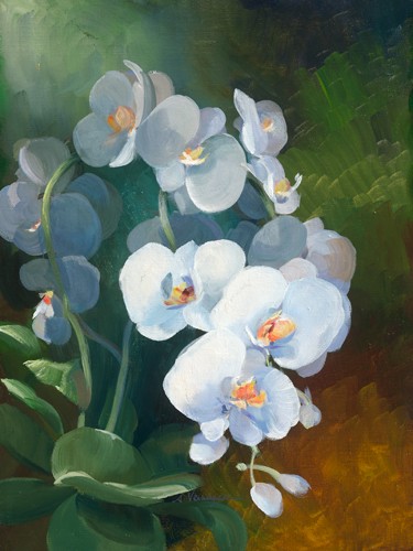 Sylvie Vernageau, Phalaenopsis blanc (Wunschgröße, Malerei, Blumen, Orchidee, Nachtfalterorchidee, Blüten, Pflanzen, Botanik, zeitgenössisch, Wohnzimmer, Schlafzimmer, Treppenhaus, bunt)