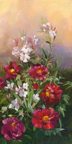 Sylvie Vernageau, Pivoines rouges et laurier (Wunschgröße, Malerei, Blumen,Pfingstrosen, Lorbeer, Bouquet, Blüten, Pflanzen, Botanik, zeitgenössisch, Wohnzimmer, Esszimmer, Treppenhaus, bunt)