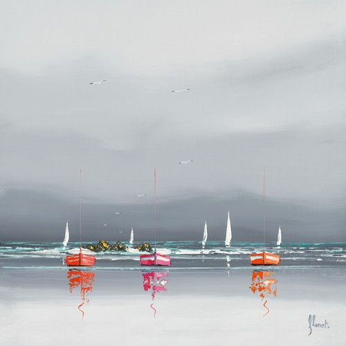 Frédéric Flanet, Avant l´orage II (Malerei, Moderne Malerei, Meeresbrise, Meer, Wellen, diffus, Dunst, Segelboote, Spiegelung, Reflexion, Bretagne, Frankreich, Atlantik, Wohnzimmer, Treppenhaus,  grau / bunt)