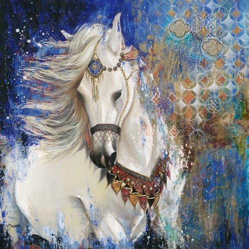Valérie Maugeri, Jardin Sauvage (Malerei, modern, Pferd, Pferdekopf, Rassepferd, Schimmel, Muster, orientalische Muster, dekorativ,  Wohnzimmer, Jugendzimmer, blau / bunt)