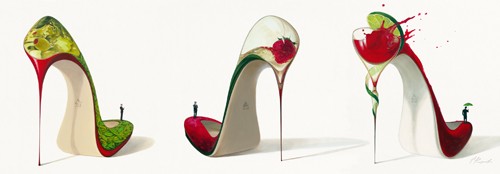 Inna Panasenko, Scarpe da Cocktail (Wunschgröße,  Malerei, drei Schuhe, Stiletto, Kult, Pop,  High Heels, Cocktail-Variationen,  Schlafzimmer, Wohnzimmer, Treppenhaus, bunt)