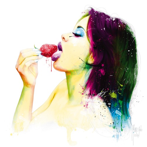 Patrice Murciano, Fruity Kiss I (Pop Art, Erotik, Punk, Mädchen, Erdbeeren, schlecken, Sexy, sinnlich, Leuchtfarben, Neon, Schrill, Modern, Malerei, Jugendzimmer, Wohnzimmer, Jugendzentrum, bunt)