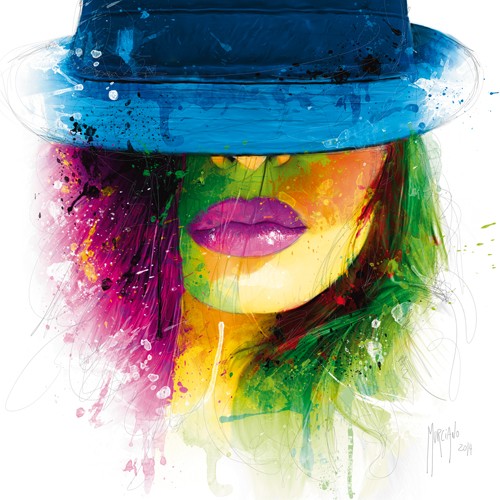 Patrice Murciano, Coralie II (Wunschgröße, Pop Art, Punk, Mädchen, Portrait, volle Lippen, Hut, Sexy, sinnlich, Leuchtfarben, Neon, Schrill, Modern, Malerei, Jugendzimmer, Wohnzimmer, Jugendzentrum, bunt)
