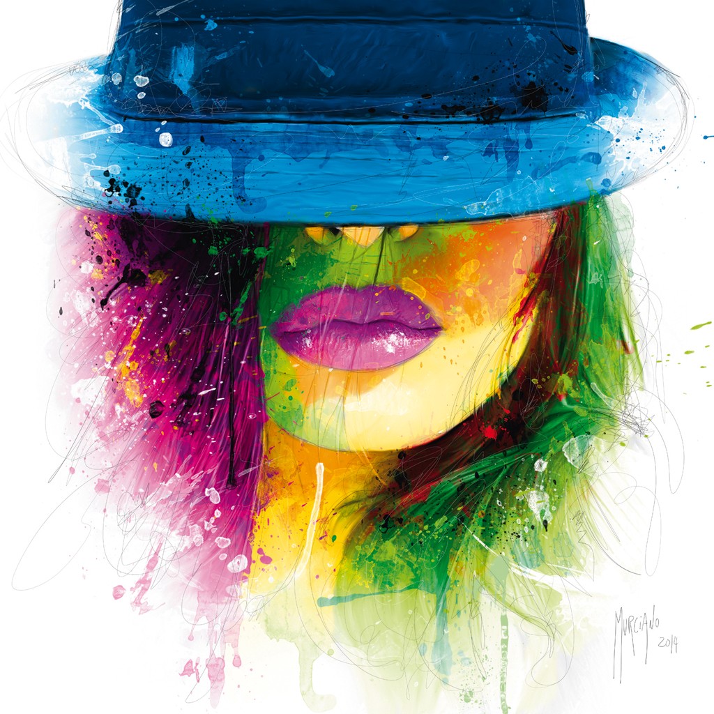 Patrice Murciano, Coralie II (Pop Art, Punk, Mädchen, Portrait, volle Lippen, Hut, Sexy, sinnlich, Leuchtfarben, Neon, Schrill, Modern, Malerei, Jugendzimmer,  Jugendzentrum, bunt)