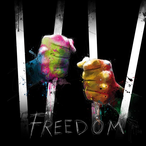 Patrice Murciano, Freedom (Pop Art, Punk, Freiheit, Gitter, Fäuste, Gefängnis, eingesperrt, Befreiung, Leuchtfarben, Neon, Schrill, Modern, Malerei, Jugendzimmer, Wohnzimmer, Jugendzentrum, bunt)