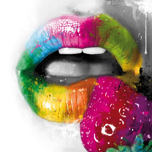 Patrice Murciano, Fruity Kiss II (Pop Art, Erotik, Punk, Mund, Lippen, Erdbeere, Sexy, sinnlich, Leuchtfarben, Neon, Schrill, Modern, Malerei, Jugendzimmer, Wohnzimmer, Jugendzentrum, bunt)