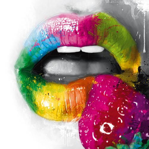 Patrice Murciano, Fruity Kiss II (Pop Art, Erotik, Punk, Mund, Lippen, Erdbeere, Sexy, sinnlich, Leuchtfarben, Neon, Schrill, Modern, Malerei, Jugendzimmer, Wohnzimmer, Jugendzentrum, bunt)