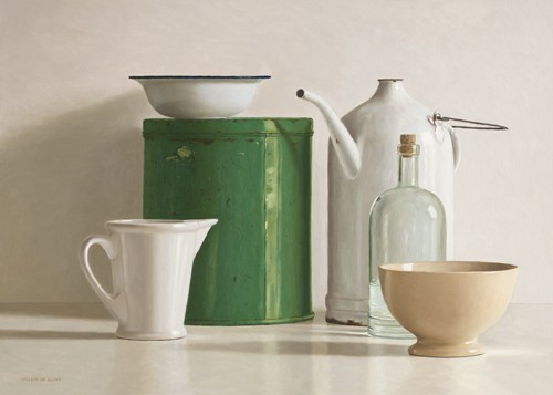 Willem de Bont, Green tin box, bottle, 2 jugs and 2 bowl (Wunschgröße, Malerei, Stillleben, Emailleschale, Emaillekanne, Ölkanne, Dose, Flasche, Küche, Gastronomie, Esszimmer, realistisch, bunt)