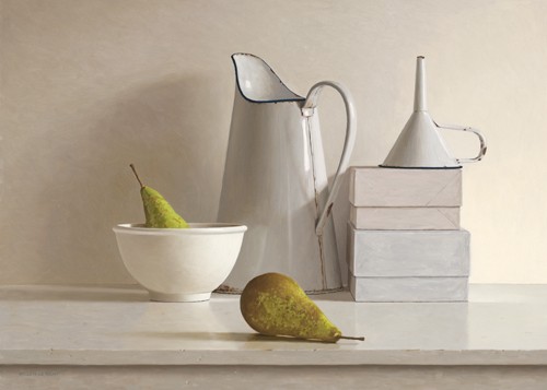 Willem de Bont, 2 pears, 2 boxes, jug, bowl and funnel (Wunschgröße, Malerei, Stillleben, Keramikschale, Emaillekanne, Birne, Trichter, Bücher, Buchstapel, Küche, Gastronomie, Esszimmer, realistisch, bunt)