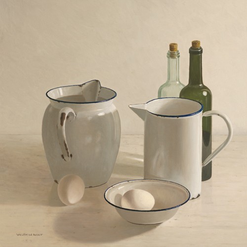 Willem de Bont, 2 jugs, 2 bottles, 2 eggs and a bowl (Wunschgröße, Malerei, Stillleben, Emailleschale, Eier, Emaillekanne, , Flaschen, Küche, Gastronomie, Esszimmer, realistisch, bunt)