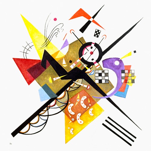 Wassily Kandinsky, Im Weiss II, 1923 (Wunschgröße, Klassische Moderne, Malerei, abstrakte Kunst, geometrische Formen, abstrakte Muster, Rechtecke, Kreise, Streifen, Zickzacklinie, Balken, Linien, Bögen, Farbflächen, Wohnzimmer, Büro, Arztpraxis, bunt)