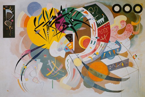 Wassily Kandinsky, Curva Dominante (Wunschgröße, Klassische Moderne, Malerei, abstrakte Kunst, geometrische Formen, abstrakte Muster, Rechtecke, Kreise, Streifen, Zickzacklinien, Balken, Linien, Bögen, Farbflächen, Wohnzimmer, Büro, Arztpraxis, bunt)