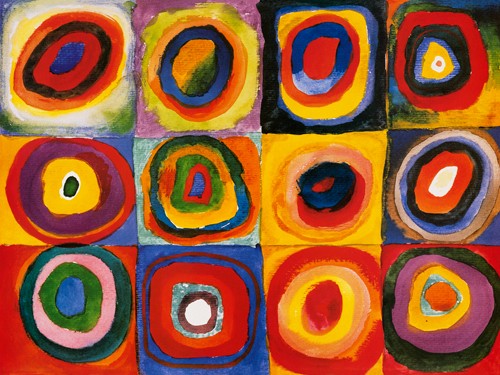 Wassily Kandinsky, Farbstudie Quadrate (Wunschgröße, Klassische Moderne, Malerei, abstrakte Kunst, geometrische Formen,  Muster, Kreise, Dreiecke, Quadrate, Wohnzimmer,  Arztpraxis, bunt)