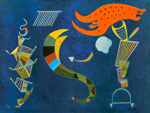 Wassily Kandinsky, Mit dem Pfeil, 1943 (Wunschgröße, Klassische Moderne, Malerei, abstrakte Kunst, geometrische Formen, abstrakte Muster, Fantasiefiguren, blauer Himmel, Fabelwesen, Wohnzimmer, Arztpraxis, bunt)