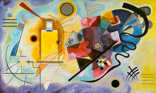 Wassily Kandinsky, Gelb, Rot und Blau (Wunschgröße, Klassische Moderne, Malerei, abstrakte Kunst, geometrische Formen, abstrakte Muster, Dreiecke, Kreise, Kopf, Profil, Balken,Schlangenlinie,  Farbflächen, Wohnzimmer, Büro, Arztpraxis, bunt)