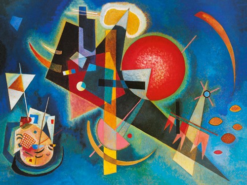 Wassily Kandinsky, Im Blau, 1925 (Wunschgröße, Klassische Moderne, Malerei, abstrakte Kunst, geometrische Formen, abstrakte Muster, Dreiecke, Kreise, Wellenlinien, Balken, Striche, Linien, Farbflächen, Wohnzimmer, Büro, Arztpraxis, blau / bunt)