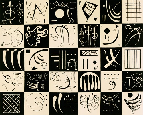 Wassily Kandinsky, Trente (Wunschgröße, Klassische Moderne, Malerei, abstrakte Kunst, Schachbrettmuster, geometrische Formen, abstrakte Muster, Linien, Kreise,  Wellenlinien, Balken, Bögen, Wohnzimmer, Büro, Arztpraxis, schwarz / weiß)