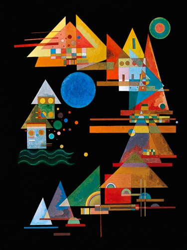 Wassily Kandinsky, Spitzen im Bogen (Wunschgröße, Klassische Moderne, Malerei, abstrakte Kunst, Architektur, Gebäude, Häuser, wasser, Wellen, Boote, Segelboote, geometrische Formen, Linien, Kreise, Dreiecke, Bögen, Balken, Halbkreise,  Wohnzimmer, Büro, Arztpraxis, bunt)