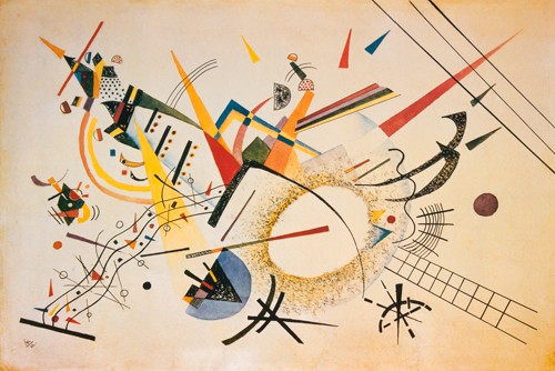 Wassily Kandinsky, Komposition 1922 (Klassische Moderne, Malerei, abstrakte Kunst, geometrische Formen, abstrakte Muster, Raster, Parallelen, Streifen, Zickzacklinien, Balken, Linien, Bögen, Farbflächen, Wohnzimmer, Büro, Arztpraxis, bunt)