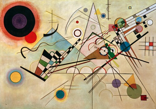 Wassily Kandinsky, Komposition VIII (Wunschgröße, Klassische Moderne, Malerei, abstrakte Kunst, geometrische Formen, abstrakte Muster, Linien, schwarze Sonne, Kreise, Dreiecke, Balken, Bögen, Striche, Wohnzimmer, Büro, Arztpraxis, bunt)