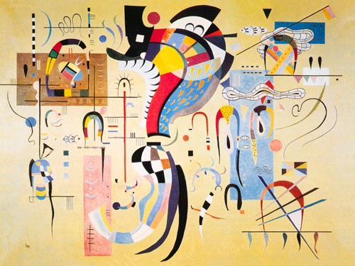 Wassily Kandinsky, Milieu accompagne, 1937 (Wunschgröße, Klassische Moderne, Malerei, abstrakte Kunst, geometrische Formen, amorphe Formen, Linien,  Streifen, Farbflächen, Bögen, Streifen, Wellenlinien, Wohnzimmer, Büro, Arztpraxis, bunt)