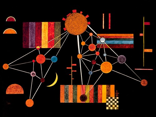 Wassily Kandinsky, Geflecht von oben (Wunschgröße, Klassische Moderne, Malerei, abstrakte Kunst, geometrische Formen, abstrakte Muster, Linien, Netzwerk, Kreise, Dreiecke, Balken, Bögen, Streifen, Striche, Wohnzimmer, Büro, Arztpraxis, schwarz / bunt)