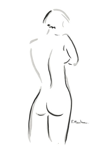 Frédérique Marteau, Ondine (Wunschgröße, Zeichnung, Akt, nackte Frau, Rückenakt,stehend, modern, Strichzeichnung, Schlafzimmer, Treppenhaus, schwarz / weiß)