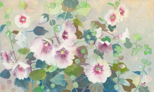 Loes Botman, Hollyhock (Wunschgröße, Malerei, Natur, Stockrosen, Rosenbusch, Blüten, Botanik, Pflanze, Schlafzimmer, Treppenhaus, bunt)