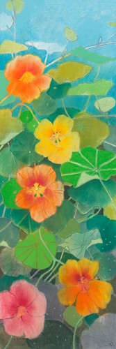 Loes Botman, Nasturtium 1 (Wunschgröße, Malerei, Natur, Kapuzinerkresse, Kresseblüten, Blüten, Botanik, Pflanze, Schlafzimmer, Treppenhaus, Wohnzimmer, bunt)