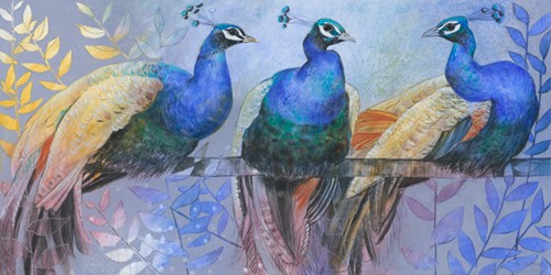 Loes Botman, Three Peacocks (Wunschgröße, Malerei, Natur, Vögel, Pfau, Fauna Schlafzimmer, Treppenhaus, Wohnzimmer, blau / bunt)