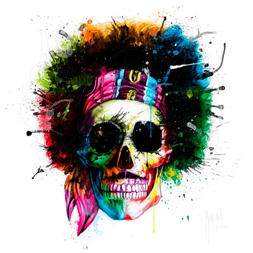 Patrice Murciano, Woodstock Skull (Pop Art, Jimmi Hendrix, Persönlichkeit, Hippie,Stirnband, Sonnenbrille, Skull, Totenkopf, Musiker, Künstler,  Schädel, Punk,  Leuchtfarben, Neon, Schrill, Modern, Malerei, Jugendzimmer, Wohnzimmer, Jugendzentrum, bunt)