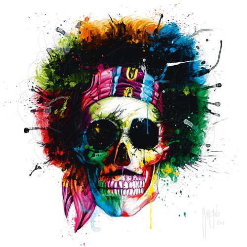 Patrice Murciano, Woodstock Skull (Pop Art, Jimmi Hendrix, Persönlichkeit, Hippie,Stirnband, Sonnenbrille, Skull, Totenkopf, Musiker, Künstler,  Schädel, Punk,  Leuchtfarben, Neon, Schrill, Modern, Malerei, Jugendzimmer, Wohnzimmer, Jugendzentrum, bunt)