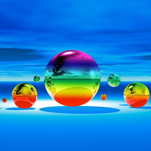 Peter Hillert, Rainbowl II (Fotokunst, surreal, Kugeln, Regenbogenfarben, blaue Ebene, Himmel, Büro, Business, Arztpraxis, Wohnzimmer, blau / bunt)