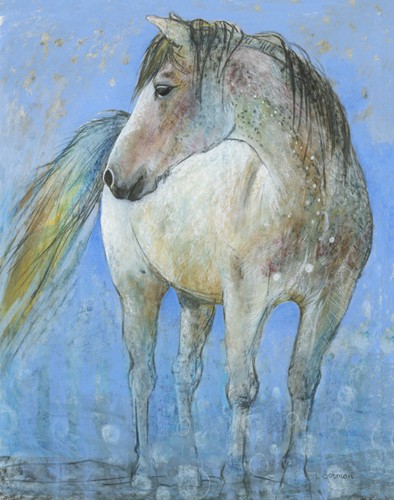 Loes Botman, Horse (Wunschgröße, Malerei, Natur, Pferd, Schimmel, Portrait, Tierportrait, Tier,  Schlafzimmer, Treppenhaus, Wohnzimmer, weiß / blau)