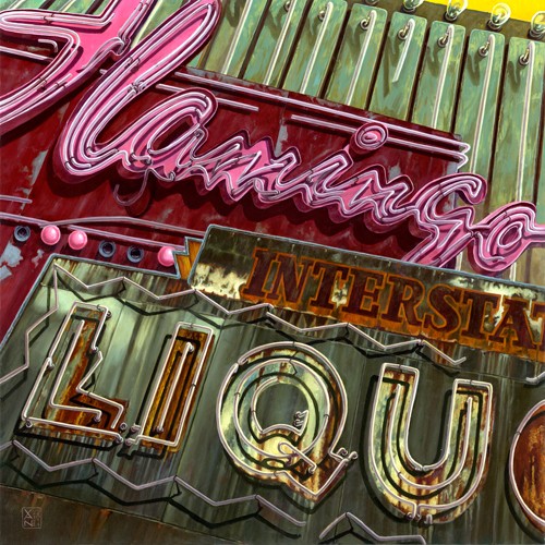 Didier van Sprengel, Flamingo Liquor´s (Wunschgröße, Malerei, Modern, Pop Art, Leuchtreklame, las Vegas, Gamblin'Hall, Spielhalle, Spielhölle, Casino, Kasino, Werbetafel, Flash, Licht, leuchtend, Jugendzimmer, Wohnzimmer, bunt)