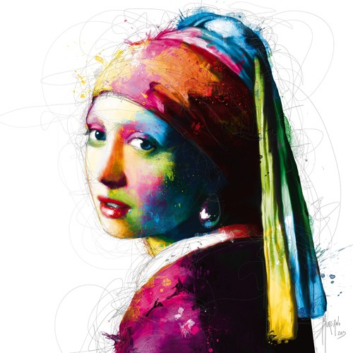 Patrice Murciano, Vermeer Pop (Pop Art, Mädchen, Perlohrringe, Punk, Leuchtfarben, Neon, Schrill, Modern, Malerei, Vermeer-Adaption, Jugendzimmer, Wohnzimmer, Jugendzentrum, bunt)