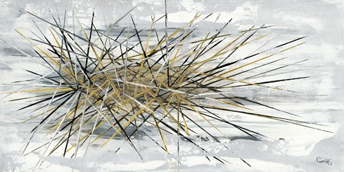 Caro-H, Etincelle (Wunschgröße, Malerei, moderne Malerei, abstrakt, gegenstandslos, Funken, Nadeln, verworren, spitz, stechend, Wohnzimmer, Treppenhaus, Büro,  schwarz/ grau/ gelb)