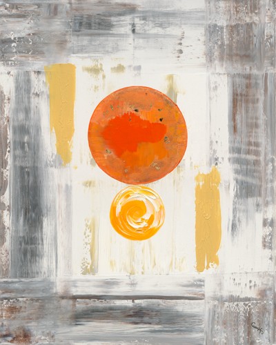 Caro-H, La Vie (Wunschgröße, Malerei, moderne Malerei, abstrakt, gegenstandslos, Kreise, das Leben, Zellen, Wohnzimmer, Treppenhaus, Büro, business, grau/ weiß/orange/gelb)