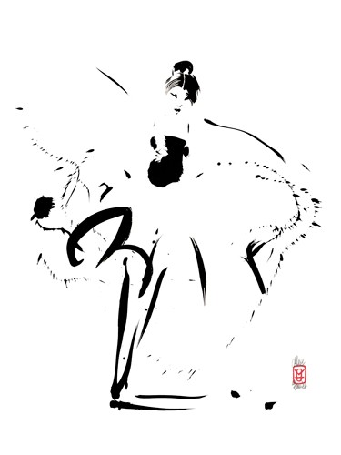 Marc Hanniet, Affirmée sur ses pointes (Tänzerin, Frau, Leichtigkeit, Eleganz, Schwung, Dynamik, Schlafzimmer, Treppenhaus, Tanzschule, Zeichnung, Wunschgröße, zeitgenössisch, schwarz / weiß)