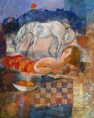 Marc Hanniet, L'instinct des libertés (Liegende Frau, Schimmel, Pferd, Traumwelt, Harmonie, Freiheit, Obstschale, Nachtszene, Schlafzimmer, Wohnzimmer, Wunschgröße,zeitgenössisch,  bunt)