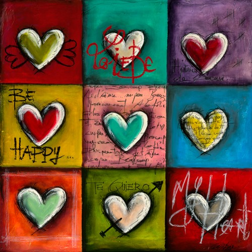 Carine Mougin, Coeurs en Couleurs III (Liebe, Herz, Herzen in Quadraten, Symbol, Buchstaben, Schriftzug,  modern, jugendlich, Jugendzimmer, Treppenhaus, Wunschgröße, bunt)