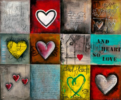 Carine Mougin, History of Heart (Liebe, Herz, Herzen in Quadraten, Symbol, Buchstaben, Schriftzug,  modern, jugendlich, Jugendzimmer, Treppenhaus, Wunschgröße, bunt)