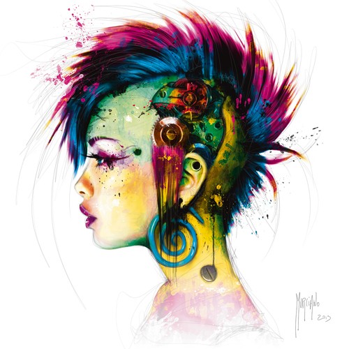 Patrice Murciano, Cyber Punk (Punk, Cyber punk, Irokese, Portrait, Mädchen, Profil, Pop Art, Leuchtfarben, Neon, Schrill, Modern, Malerei, Jugendzimmer, Wohnzimmer, Jugendzentrum, bunt)